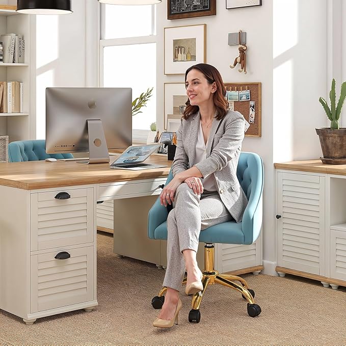 MOJAY Velvet Office Swivel Chair, Vanity Fabric Desk Pretty Fancy Gold Office Chairs for Girls, 360°Swivel Height Adjustable Reception Chair (Lake Blue)