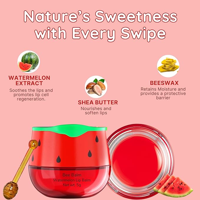 Original My Bee Balm Lip Balm – Watermelon Hydrating Balm – Honey Pot for Dry, Chapped & Cracked Lips – Deeply Moisturizes & Hydrates Lips with Organic Beeswax & Vitamin E