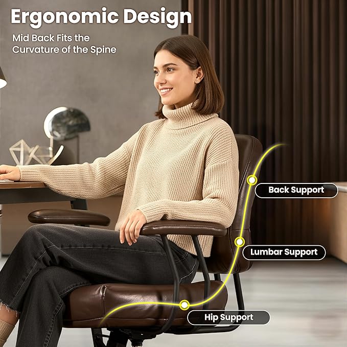ovios Ergonomic Office Chair, Mid Back Faux Leather Executive Chairs with Thick Cushion, Comfy Mid-Century Modern Swivel Rolling Computer Armchair (Dark Brown, PU Leather)