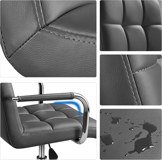 Yaheetech Mid Back Desk Chair, PU Leather Office Task Chair with Armrests/Large Seat, Adjustable Chair with Wheels, Grey
