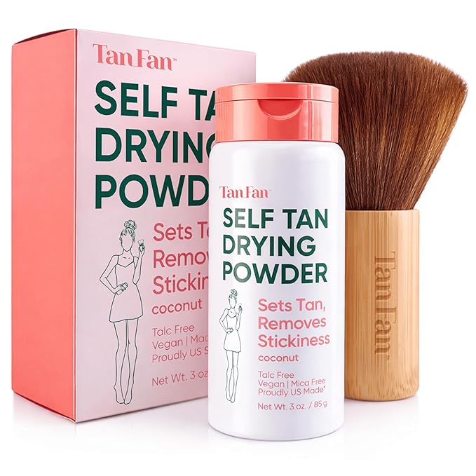 Tan Fan Self Tan Drying Powder Kit - Eliminates Sticky Self Tanner Feel -100% Vegan Natural Talc-Free Light w XL Soft Body Brush To Set Sunless Tanner For Smooth Silky Skin - Coconut 3oz USA Made