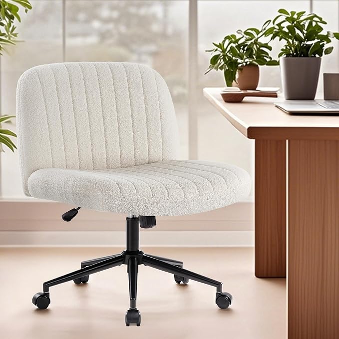 IWMH Criss Cross Chair Cross Legged Office Chair with Wheels Armless Wide Seat Desk Chairs Height Adjustable Computer Task Chairs Swivel Vanity Chair for Home Office Bedroom Make Up Teddy Fabric White