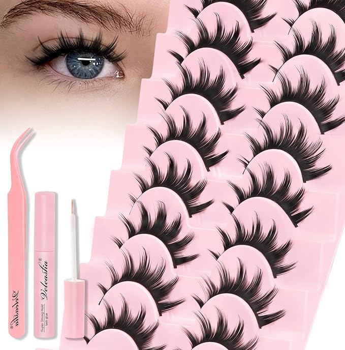 Veleasha Lashes Kit Doll Spiky Manga Eyelashes Natural False Eyelashes Cospaly Strip Lashes 8D Effect Korean Japanese Asian Fake Eyelash with Glue & Tweezres with Cotton Band 8 Pairs Pack (Bushy Kit)