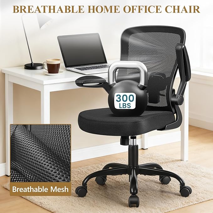 Office Chair with 90° Flip-Up Armrests, Silent 360° Swivel Casters, Adjustable Height & Tilt for Small Home Offices and Conference Rooms