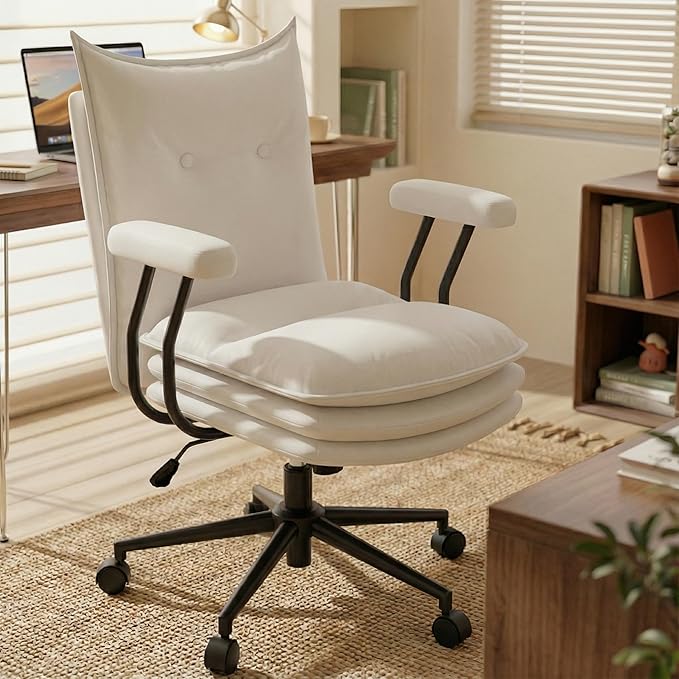 White Office Chair with Triple-Layers Thicken Wide Seat, Mid Back Leather Desk Chair with Wheels and Arms, Mid-Century Modern Computer Chair for Home Office