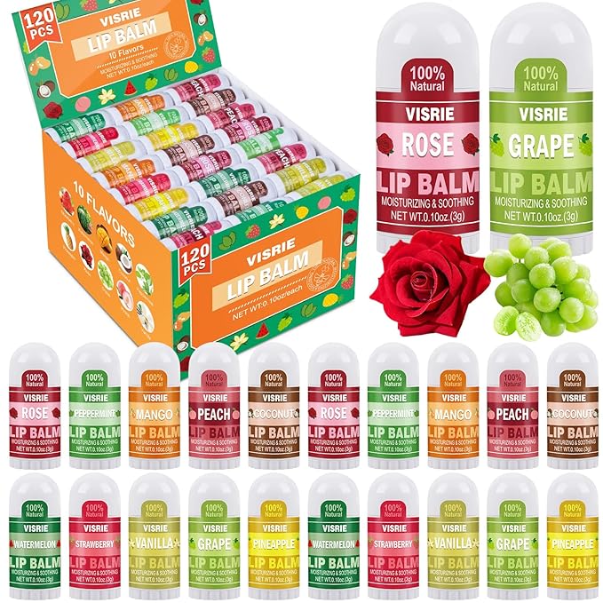 120 Pack Mini Lip Balm Bulk, Natural Lip Balm with Vitamin E & Beeswax, Moisturizing Lip Care for Dry Lips, Perfect for Party Favors, Care Packages & Small Gifts