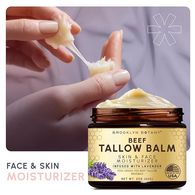 Brooklyn Botany Beef Tallow Balm – Grass Fed Beef Tallow for Skin and Face – Nourishing Face Moisturizer Infused with Lavender – 2 oz