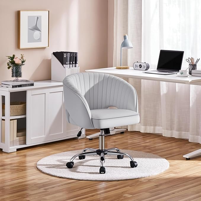 Yaheetech Velvet Swivel Vanity Chair with Back Upholstered Home Office Desk Armchair with Wheels Small Desk Chair for Bedroom Light Gray