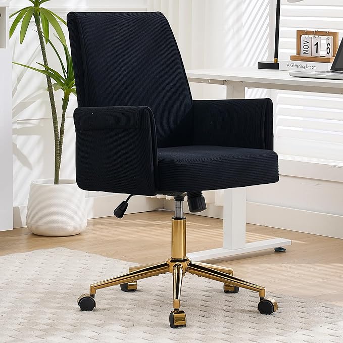 YITAI Stripes Velvet 360°Swivel Desk Chair, Modern Height Adjustable Home Office Armchair with Gold Base and Wheels for Vanity, Comfy Computer Chair for Study Living Room Bedroom（Black）