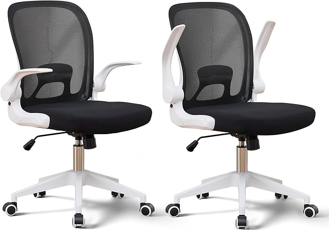 IPKIG Foldable Office Chair for Small Spaces | Home Office Folding Desk Chairs with Wheels and Flip Up Arms | Ergonomic Mesh Computer Chair for Adults & Kids (2PCS White)
