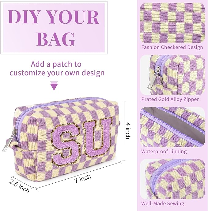 SOIDRAM Checkered Makeup Bag Preppy Cosmetic Bag Bulk Purple Makeup Pouch Personalize Travel Toiletry Bag Organizer Cute DIY Makeup Brushes Storage Bag for Women