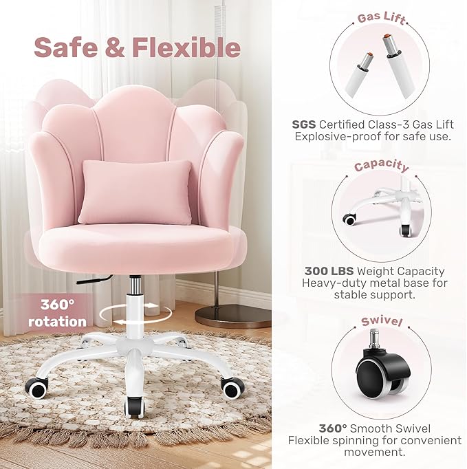 Petal Vanity Chair with Wheels, 3.15" Extra Thick Comfy Makeup Chair, Adjustable Modern Swivel Armless Desk Chair for Girls Women, Aesthetic Small Office Chair for Bedroom Dorm
