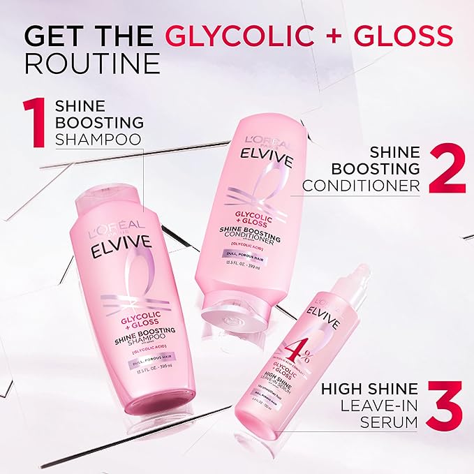 L'Oreal Paris Elvive Glycolic + Gloss Shine Boosting Conditioner, Cleanses and Smooths Dull, Porous Hair Into High-Shine, Glossy Hair, 28 Fl Oz