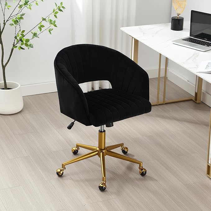 Home Office Swivel Desk Chair, Modern Velvet Vanity Chair, Height Adjustable Armchair with Gold Base, Ergonomic Office Chair for Task Study Computer Room, Black