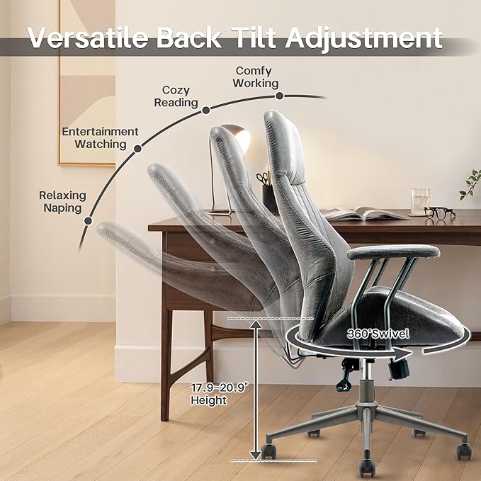 HOOOWOOO Faux Suede Leather Home Office Desk Chair,MCM Modern Ergonomic Task Work Chair,Computer Gaming Chair with Cushion Seat Lumbar Support Reclining High Back for Long Hours(Charcoal Grey)