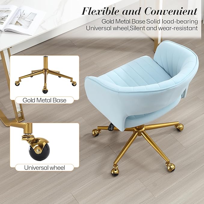 Home Office Swivel Desk Chair, Modern Velvet Vanity Chair, Height Adjustable Armchair with Gold Base, Ergonomic Office Chair for Task Study Computer Room, Light Blue