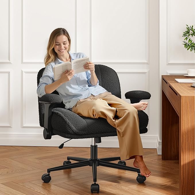 Desk Chair with Arms, Wide Ergonomic Office Chair with Thickened Seat Cushion, Cross Legged Office Chair for Home Office, Bedroom, Study Room, Plush Fabric, Black