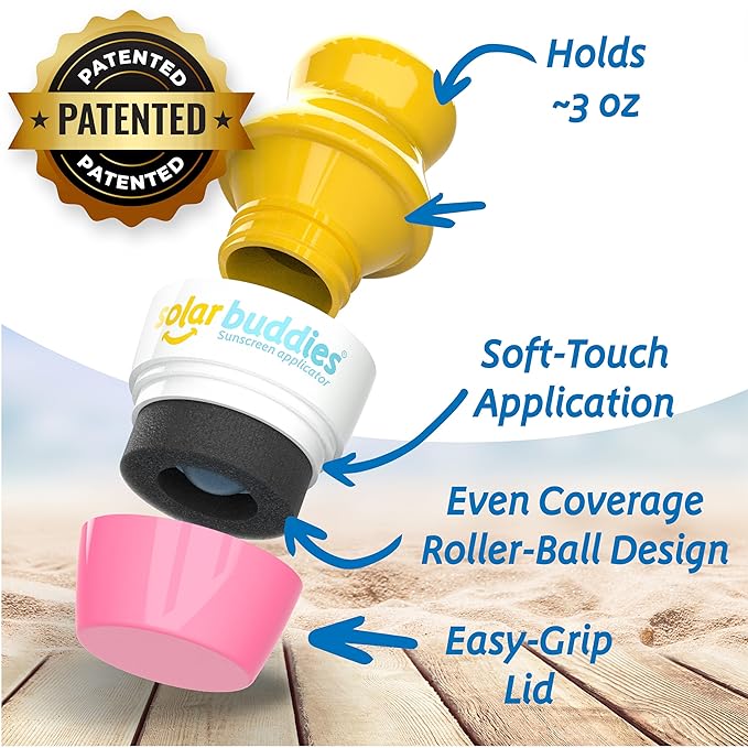 Solar Buddies Grab & Go Travel Bundle, Carabina Clip & Cleaning Brush - Single Pink - Refillable Roll on Sponge Sunscreen, Suncream & Lotion Applicator For Kids, Adults & Families - Holds 100ml