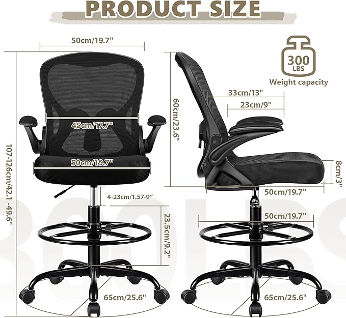 Winrise Drafting Chair, Tall Office Chair Ergonomic Standing Desk Chair, Lumbar Support Computer Chair Swivel Task Rolling Chair with Adjustable Flip-up Armrests Black Pack of 2