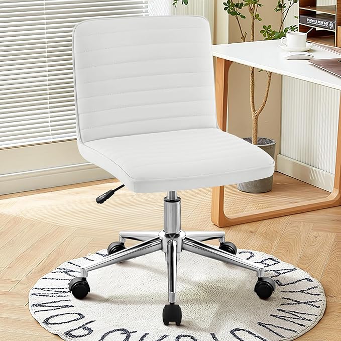PU Leather Armless Office Chair - 360° Swivel Computer Desk Chair with Adjustable Height & Comfy Chrome Legs, Ivory White - Perfect for Home Office, Bedroom, Living Room & Vanity, Ivory White