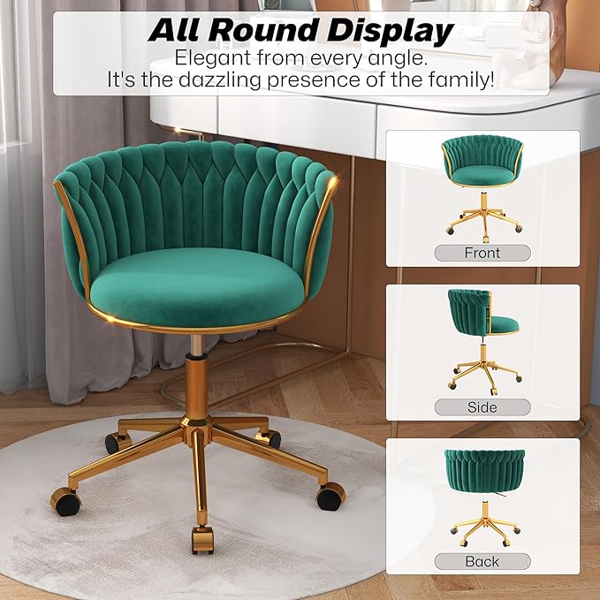 Velvet Woven Home Office Chair, Modern Swivel Desk Chair with Wheels, Height Adjustable Vanity Chair with Gold Metal Base and Hand Weaving Back for Bedroom Study Small Space, Green