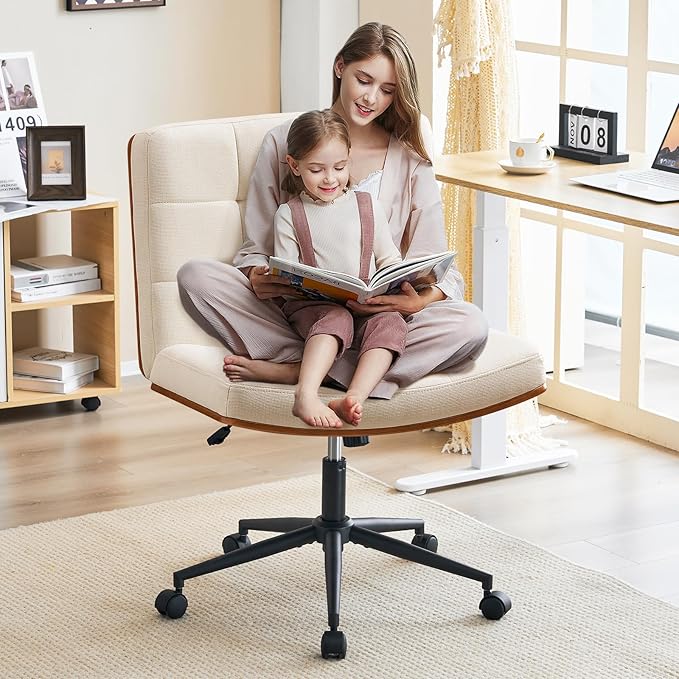 Furnimart Heavy-Duty FSC Wooden Wide Desk Chair, 360° Swivel Criss Cross Office Chair with Wheels, Comfy Cross Legged Sitting, Armless Rolling Chair for Bedroom, Office, Vanity (Linen Beige)