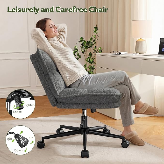 Criss Cross Chair with Wheels, 7" Extra Thick Cross Legged Office Chair, Height Adjustable Swivel Design for Home Office, Study & Vanity,Gery