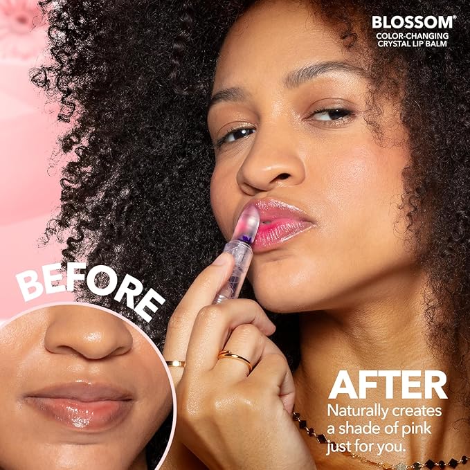 Blossom Lip Gloss Moisturizing pH Lip Balm, Strawberry Scented Color Changing Crystal Lip Stain Tint, Infused with Real Flowers, 3g, Purple
