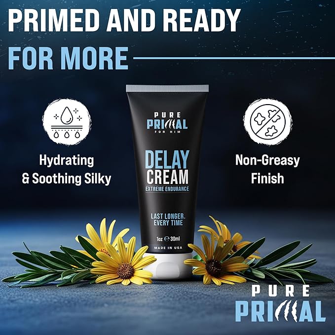 Pure Primal Delay Cream for Men, Enhances Endurance to Last Longer in Bed - 7.5% Benzocaine - No Mess Choice Over Delay Spray - Retardantes para Caballeros - 1oz