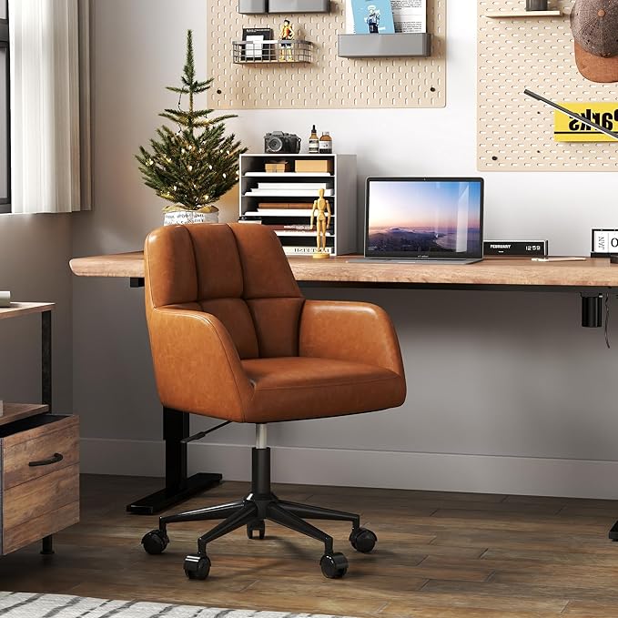 Brown Leather Desk Chair Office Chair with Mid Back Support Armrest, Adjustable-Height 360° Swivel Rolling Task Chair Home Office Modern Vanity Chair, Brown