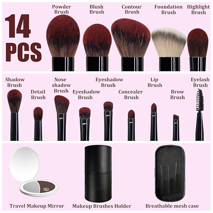 Jilier 14 pcs Mini Makeup Brushes and Pocket Mirror, Travel Makeup Brush Set, LED Compact Mirror with Light, Travel Size with Case, Portable for Handbag, Travel Essentials for Women