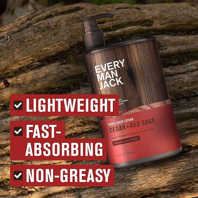 Every Man Jack Mens Cedar + Red Sage Hand & Body Lotion for All Skin Types - Dermatologist Tested & Hypoallergenic - Nourish Skin with Lightweight Fast Absorbing Lotion - 13.5oz (2 Pack)