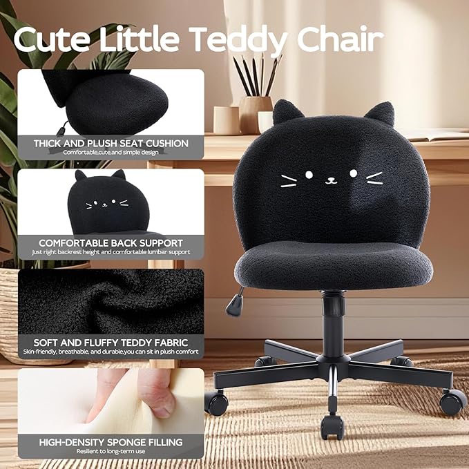 Vanity Chair with Cat Back,Armless Desk Chair Cute Small Office Chair,Teddy Fabric Computer Chair with Adjustable Height,120°Tilting,Rolling,Swivel for Vanity,Kids Room,Office,Bedroom Black