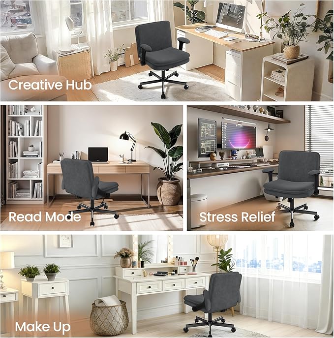 Criss Cross Office Chair with Wheels - Wide Seat Criss Cross Desk Chair with Flip-up Arms and Thick Cushion - Comfy Tilting Swivel Rolling Vanity Chair for Home Office Bedroom Apartment