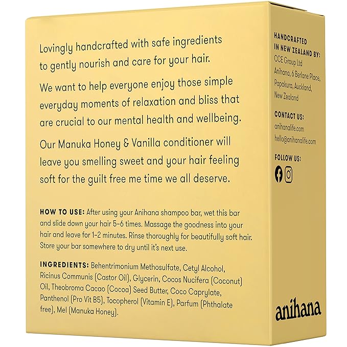 ANIHANA Manuka Honey Conditioner Bar – Solid Hair Conditioner with Vanilla, Paraben-Free, Travel Friendly, Natural Healthy Look and Shine, 2.1 oz