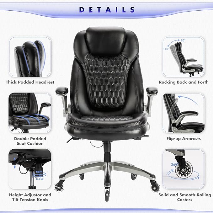 COLAMY High Back Executive Office Chair (Set of 2), Ergonomic PU Leather Desk Chairs with Flip-Up Arms and Upgraded Swivel Casters, Comfortable Computer Chairs for Home Office – Black