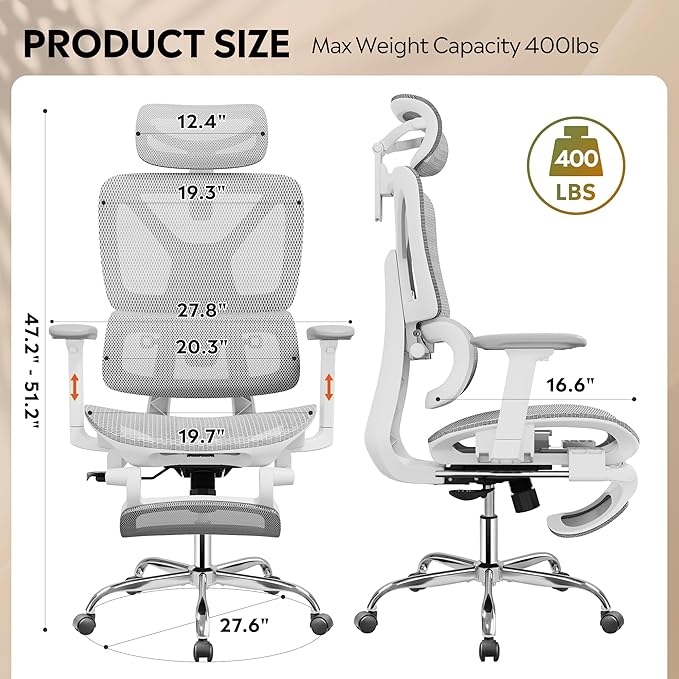 DEVAISE Ergonomic Mesh Office Desk Chair with a Footrest, Heavy Duty, High Back Reclining Swivel Comfy Home Computer Chair with Lumbar Support, SGS Class 4 Gas Lift, for Work Home Office, White