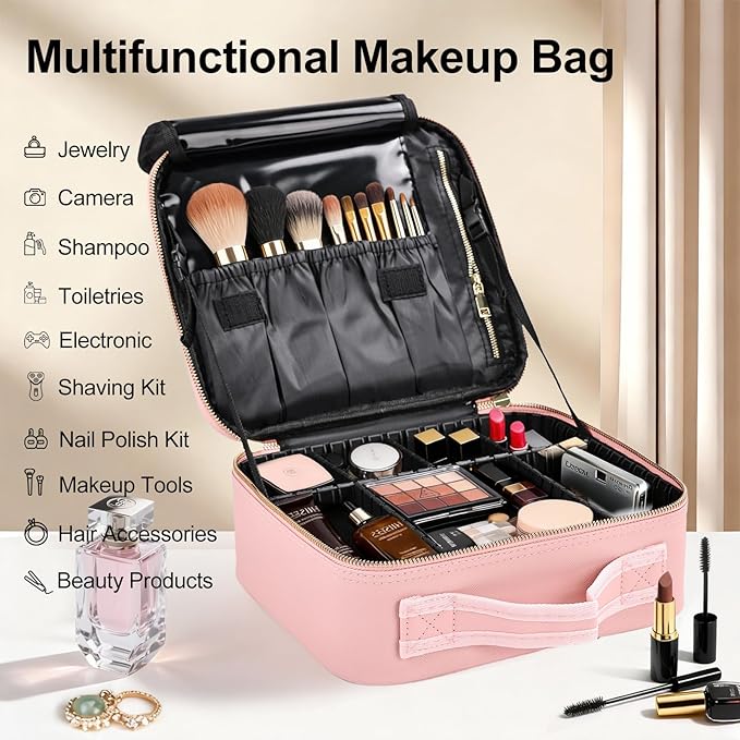 Travel Makeup Bag with Brush Holder, Professional Cosmetic Train Case Organizer for Women, Portable Travel Makeup Brush Carry Case Cosmetic Artist Storage Box with Adjustable Dividers, Leather Pink