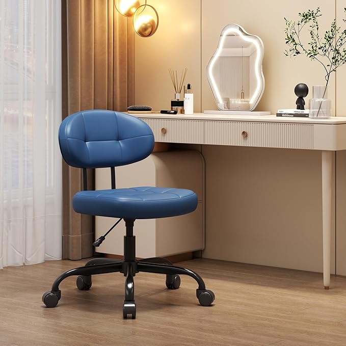 Misolant Vanity Chair with Back, Small Armless Cute Office Chair with Wheels and Lumbar Support, Comfy PU Leather Desk Computer Chairs with Adjustable Height, 360°Swivel for Home Bedroom, Navy Blue