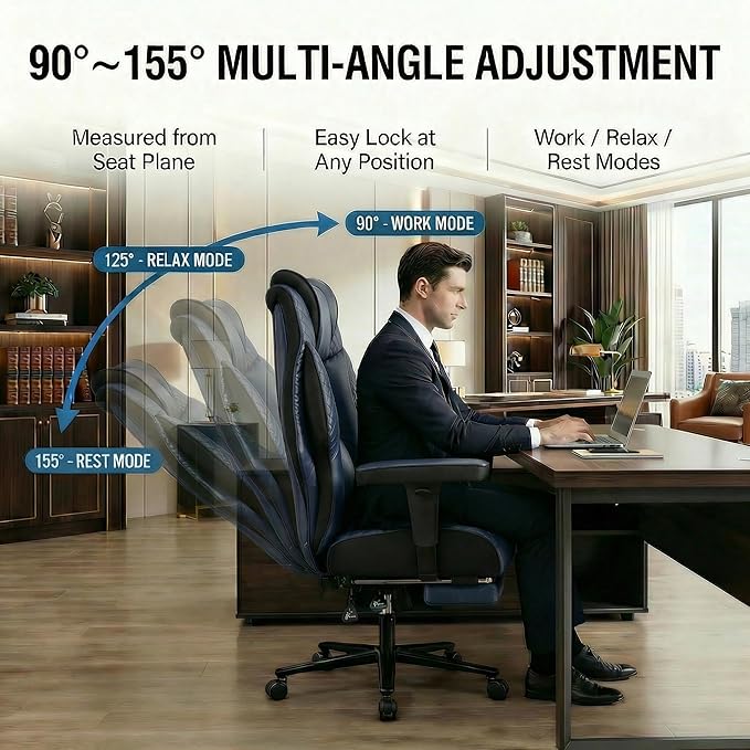 Big and Tall Office Chair 500lbs - 23.6" Extra Wide Seat Ergonomic Executive Chair, Heavy Duty Metal Base High Back Leather Office Chair with Footrest, Lumbar Support & Adjustable Arm, Blue
