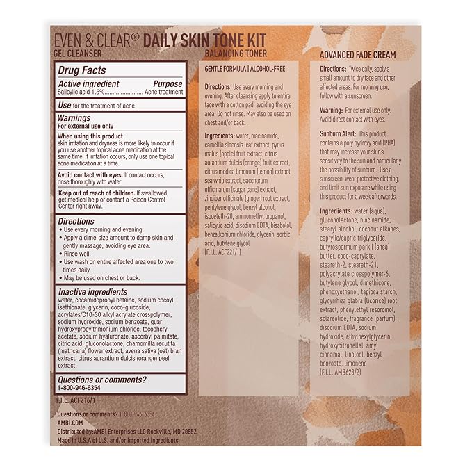 Ambi Even & Clear Daily Skin Tone Kit, 3-Step Regimen for Acne, Dark Spots & Uneven Tone, Cleanser + Toner + Advanced Fade Cream, Salicylic Acid + Niacinamide