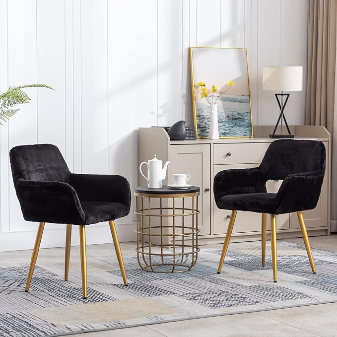 KCC Furry Desk Chair Set of 2, Mid-Century Modern Accent Faux Fur Chair for Teen Girls, Comfy Armchair with Wood Look Metal Legs for Living Dining Room, Home Vanity Makeup Office Desk Chairs No Wheel