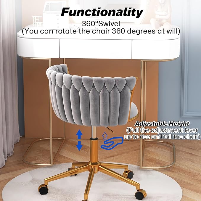 Velvet Woven Home Office Chair, Modern Swivel Desk Chair with Wheels, Height Adjustable Vanity Chair with Gold Metal Base and Hand Weaving Back for Bedroom Study Small Space, Gray