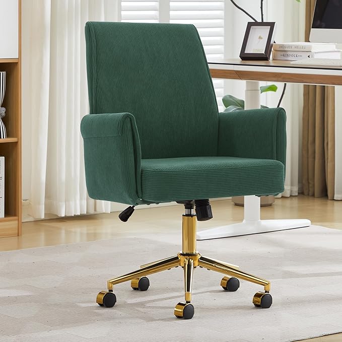 YITAI Stripes Velvet 360°Swivel Desk Chair, Modern Height Adjustable Home Office Armchair with Gold Base and Wheels for Vanity, Comfy Computer Chair for Study Living Room Bedroom（Green）