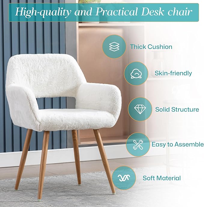 Home Office Faux Fur Desk Chair, Fluffy Makeup Vanity Chair, Comfy Accent Armchair with Wood Grain Metal Legs, Cute Dining Chair with Hollowed Back, White