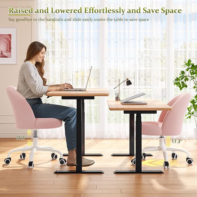 Vanity Chair with Wheels, Cute Desk Chair with Back, Armless Office Chair Height Adjustable, Soft Lumbar Support for Small Space, Bedroom, Gentle Pink