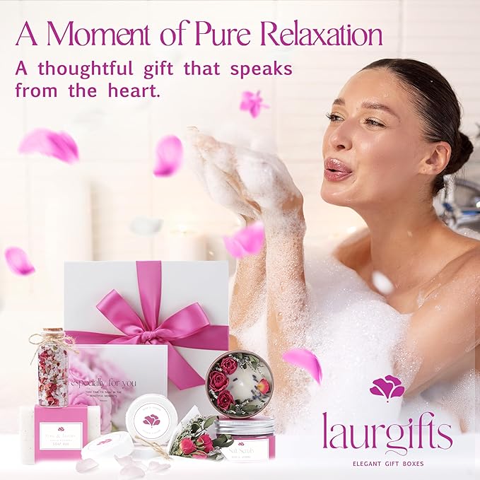 Spa Gift Set for Women – Rose & Jasmine Candle Gift Set with Bath Treats – Birthday Gift Basket for Women, Mom or Friend – Relaxing Self Care Spa Box