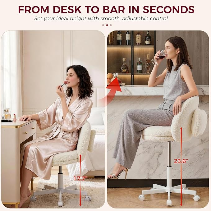 GTPLAYER Velvet Tall Office Chair with Wheels Vanity Chairs with Back, Versatile Height Use: Office to Bar Stools Small Ergonomic Comfy Armlees Computer Desk Chair with Bow Lumbar Pillow for Gift