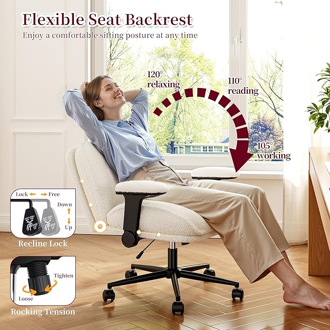 Criss Cross Chair with Wheels,Wide Cross Legged Office Chair with Flip-Up Arms,White Vanity Chair with Extra-Deep Seat Thickened for Home Office,Vanity, Apartment Dorms,Plush Cushion,Comfy