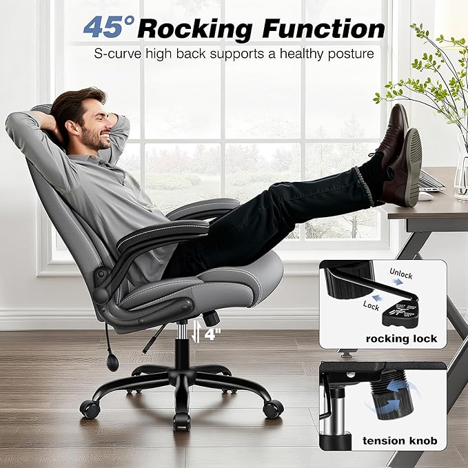 Ergonomic Office Chair - Desk Computer Chair, Leather High Back Executive Chairs with Adjustable Lumbar Support for Adults, Rolling Swivel Tilt, Gray 4 Pack